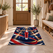 Gymnastics Still Rings Rug in an entryway with a wooden door and bench