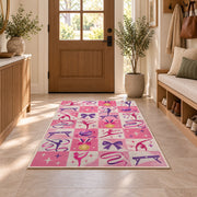 Pink Checkered Gymnastics Rug in an entryway with a wooden door and bench