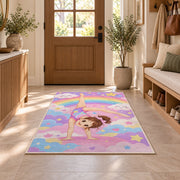 Cute Little Gymnast Rug in an entryway with a wooden door and bench
