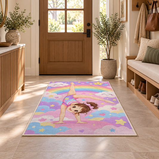 Cute Little Gymnast Rug in an entryway with a wooden door and bench