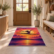Gymnast Sunset Leap Rug in an entryway with a wooden door and bench
