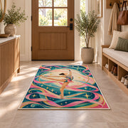 Rhythmic Gymnastics Hoop Rug in an entryway with a wooden door and bench