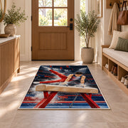 Pommel Horse Gymnastics Rug in an entryway with a wooden door and bench