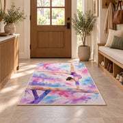Watercolor Gymnast Rug in an entryway with a wooden door and bench