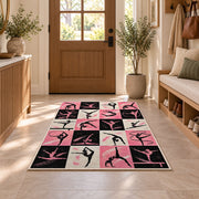 Gymnastics Poses Grid Rug in an entryway with a wooden door and bench