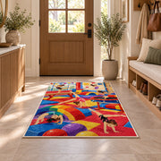 Kids Gymnastics Gym Rug in an entryway with a wooden door and bench