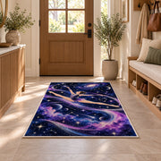 Galaxy Gymnast Rug in an entryway with a wooden door and bench