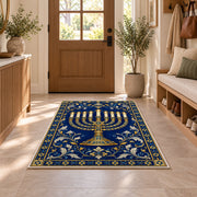Royal Blue Menorah Rug in an entryway with a wooden door and bench