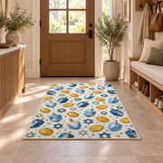 Dreidel and Gelt Pattern Rug in an entryway with a wooden door and bench