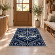Star of David Medallion Rug in an entryway with a wooden door and bench