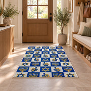 Checkered Hanukkah Rug in an entryway with a wooden door and bench