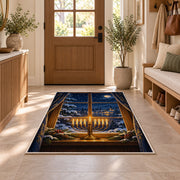 Menorah Window Rug in an entryway with a wooden door and bench