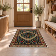 Persian Style Menorah Rug in an entryway with a wooden door and bench