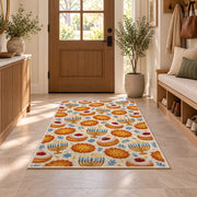 Sufganiyot and Latke Rug in an entryway with a wooden door and bench