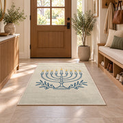 Minimalist Menorah Line Art Rug in an entryway with a wooden door and bench