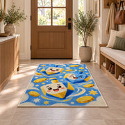 Cute Dreidel Kids Rug in an entryway with a wooden door and bench