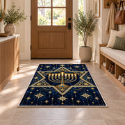 Star of David Menorah Rug in an entryway with a wooden door and bench