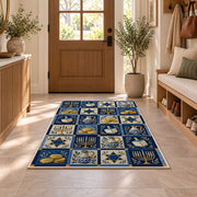 Hanukkah Patchwork Rug in an entryway with a wooden door and bench
