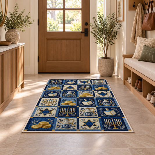 Hanukkah Patchwork Rug in an entryway with a wooden door and bench