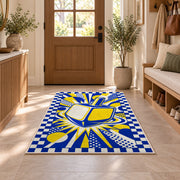 Pop Art Dreidel Rug in an entryway with a wooden door and bench