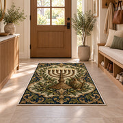Antique Brass Menorah Rug in an entryway with a wooden door and bench