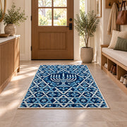 Star of David Lattice Rug in an entryway with a wooden door and bench