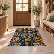 Hanukkah Table Rug in an entryway with a wooden door and bench