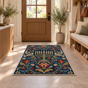 Folk Art Menorah Rug in an entryway with a wooden door and bench
