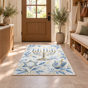 Watercolor Hanukkah Rug in an entryway with a wooden door and bench