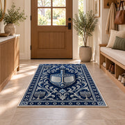 Silver Dreidel Rug in an entryway with a wooden door and bench