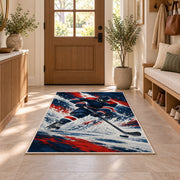Hockey Player Ice Spray rug in an entryway with a wooden door and bench