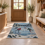 Pond Hockey in the Pines rug in an entryway with a wooden door and bench