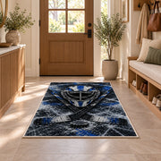 Goalie Mask Crossed Sticks rug in an entryway with a wooden door and bench