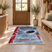 Puck Hitting the Net rug in an entryway with a wooden door and bench