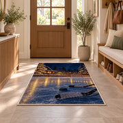 Backyard Rink at Night rug in an entryway with a wooden door and bench