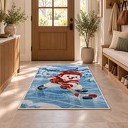 Polar Bear Hockey Player rug in an entryway with a wooden door and bench