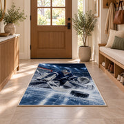 Goalie Making the Save rug in an entryway with a wooden door and bench