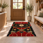Retro Hockey Scoreboard rug in an entryway with a wooden door and bench