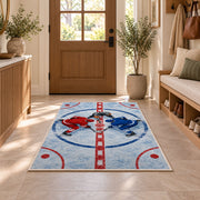 Faceoff at Center Ice rug in an entryway with a wooden door and bench