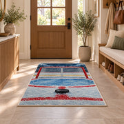 Hockey Goal Front View rug in an entryway with a wooden door and bench