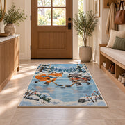Fox and Raccoon Hockey rug in an entryway with a wooden door and bench