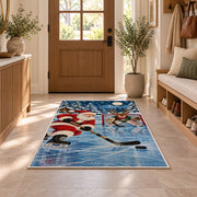 Santa Plays Hockey rug in an entryway with a wooden door and bench