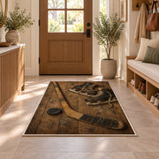 Vintage Hockey Stick and Skates rug in an entryway with a wooden door and bench
