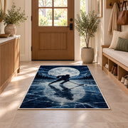 Hockey Player Under the Moon rug in an entryway with a wooden door and bench