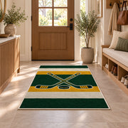 Hockey Jersey Stripes rug in an entryway with a wooden door and bench