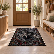 A long-haired ghost above a dark spiral with skulls, cobwebs, and ornate borders rug in a sunny entryway