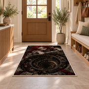 An eerie red-haired doll gripping a skull-lined spiral stone well rug in a sunny entryway