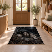 A dark-haired antique doll climbing over a deep circular stone shaft rug in a sunny entryway