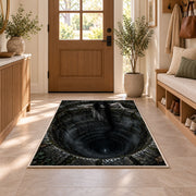 A long-haired ghost leaning over a deep stone well beneath tangled branches rug in a sunny entryway