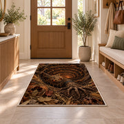 A ragged scarecrow with glowing eyes rising beside an autumn-leaf spiral rug in a sunny entryway